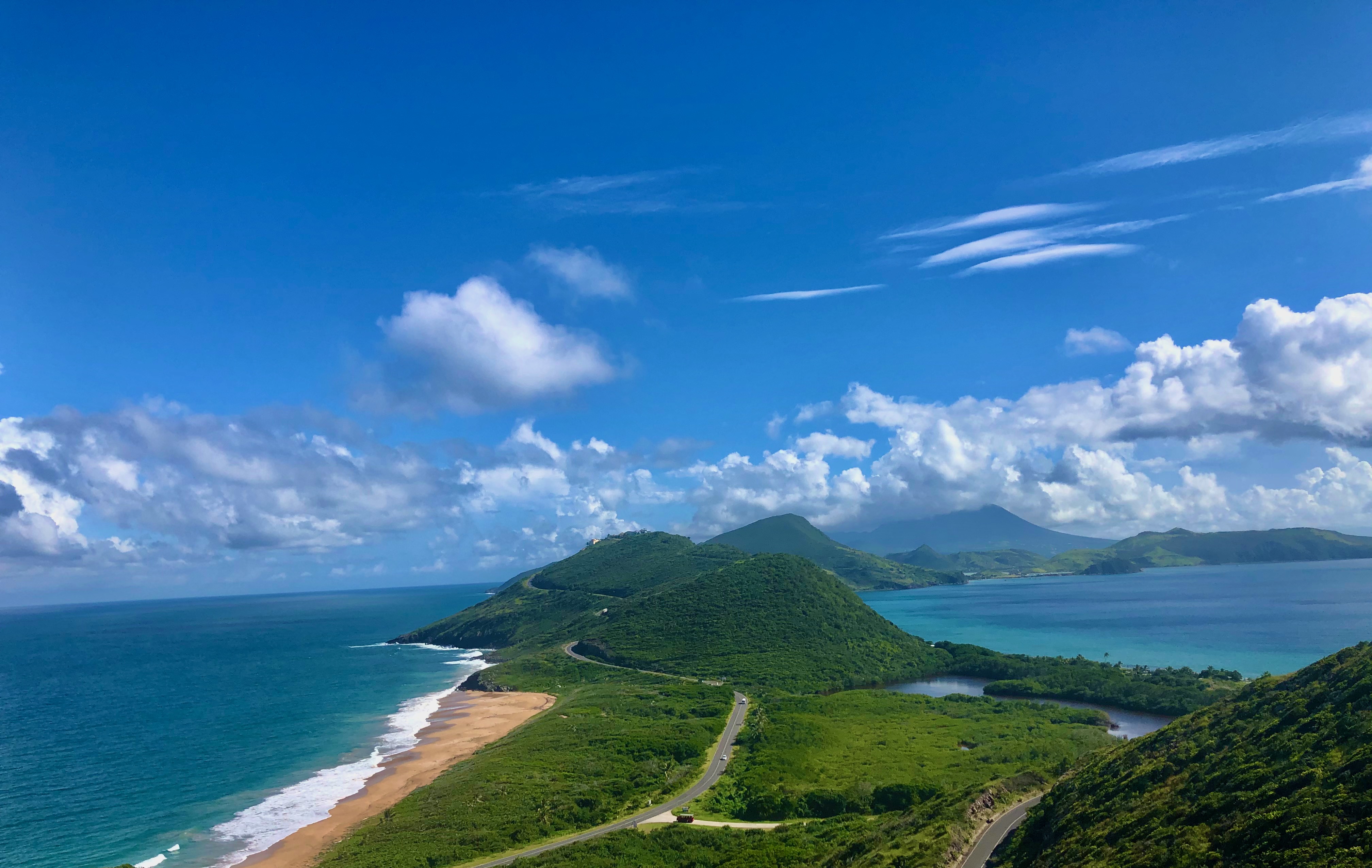Stunning aerial view of St. Kitts coastline and mountains